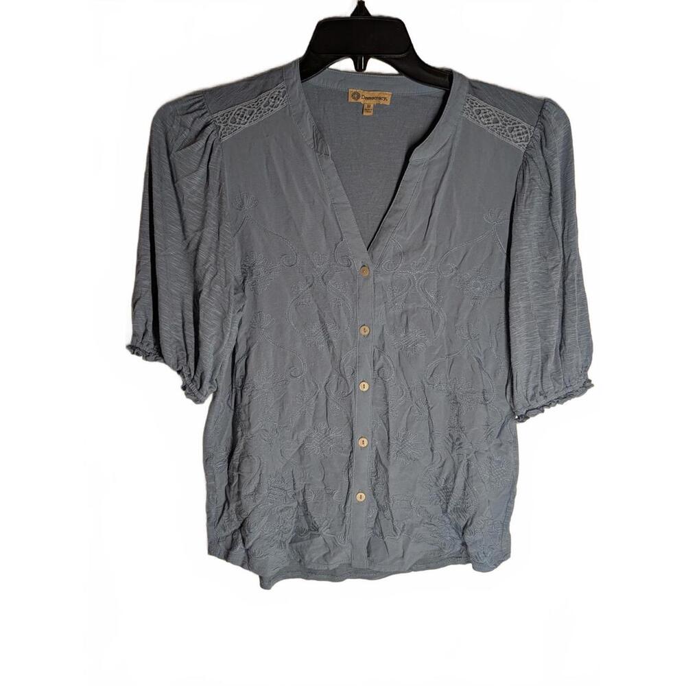 Democracy Women's Blue-Gray Button-Front Blouse Puff Sleeves Medium